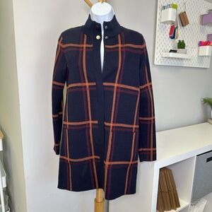 MAX STUDIO Longline Double Knit Plaid Mock Neck Zip Front Cardigan Sz Small